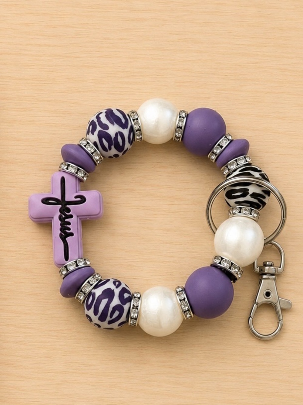 Purple Beaded Cross Keyring Bracelet with Zebra Accent